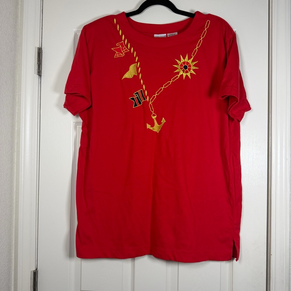 Bobbie Brooks Vintage 1990s Nautical Embroidered Red Tee Shoulder Pads Beach 18W